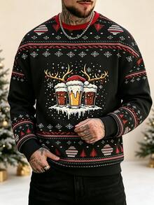 Men's Christmas Beer Print Comfortable Pullover Pullover Sweatshirt, Spring/Autumn - متعدد الألوان - مشاهدة 2