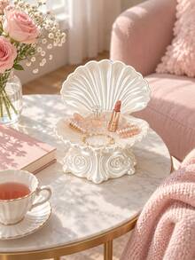 1pc Pearl White Shell Floral Embossed Storage Tray, Fashionable Cosmetic & Jewelry Organizer Box, Suitable For Vanity, Bedroom, Dressing Table And Home Decor, Wedding, Bridesmaid Gift, Room Decoration, Jewelry Storage, Home Decor, Bathroom Decor, Jewelry Rack - Multicolor - View 2