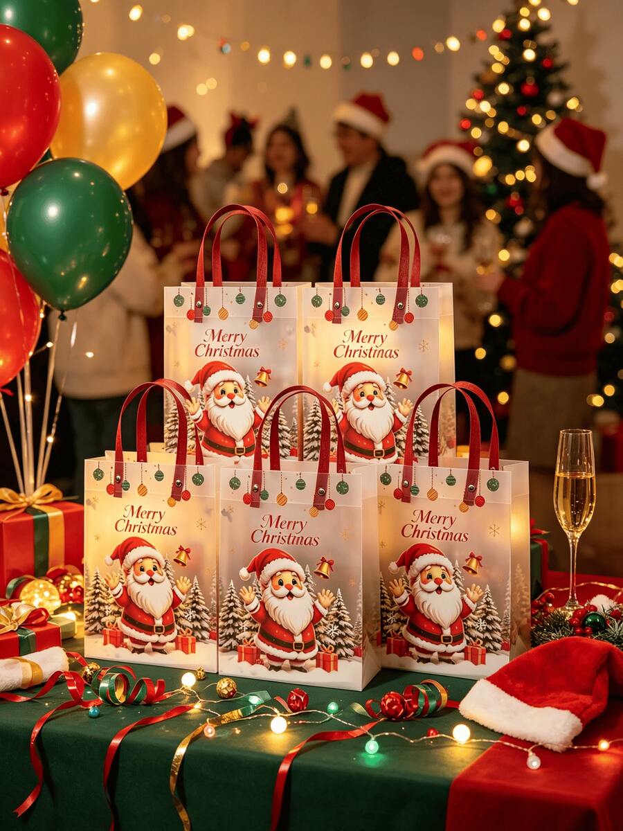 6pcs Christmas Gift Bags, Frosted Transparent Gift Packaging Bags, Santa Claus, Reindeer, Christmas Tree Pattern Printed, Christmas Decoration, Christmas Gift, Christmas Presents - View 1