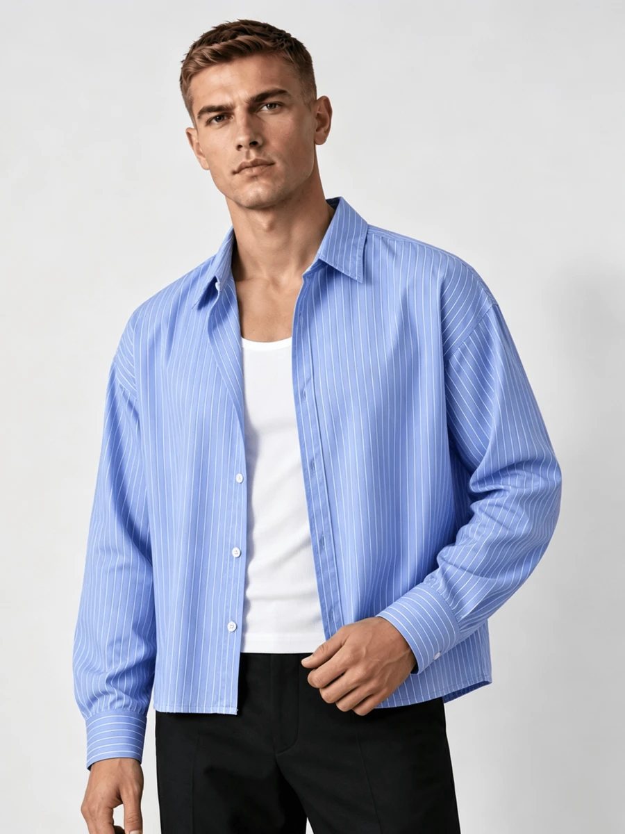 Men's Single-Breasted Casual/Commute Striped Short Sleeve Shirt - Blue - View 1