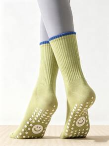 1/4/6/8 Pairs Women's Soft Cute Contrast Color SMILES Smiling Face Non-Slip Mid-Calf Socks, Multi-Color Anti-Slip Grip Socks, Suitable For Pilates, Yoga, Fitness, Sports, Ballet - Multicolor - View 5