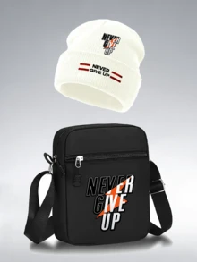 1pc/2pcs Inspirational Slogans Pattern Print Unisex Street Fashion Outdoor Sports Knit Beanie And Crossbody Bag, Gift For Yourself Or Friends - Multicolor - View 7