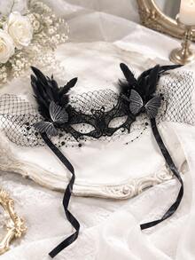 Women's Black Lace Masquerade Mask, Feather Butterfly Beaded Veil Half Face Mask, Gothic Style Venetian Halloween Party Cosplay Costume Accessory - Black - View 14