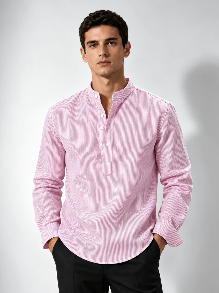 GloMan Men's Half-Placket Stand Collar Linen Long Sleeve Shirt, Lightweight Breathable Loose Casual, Suitable For Summer Vacation, - Pink - View 1
