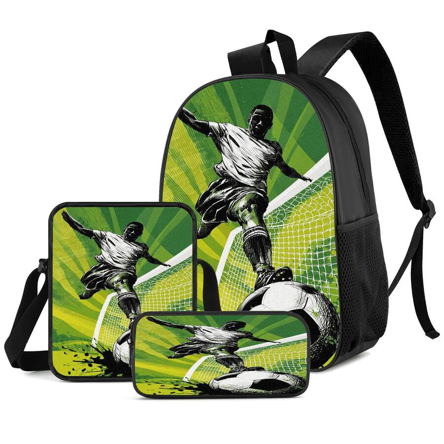 Football Player 2D Print 3 Pieces Backpack Set, Large Capacity Backpack With Crossbody Bag And Pencil Case, Side Elastic Mesh Pocket For Water Bottle, Wide Breathable Adjustable Shoulder Straps, Retro Sports Style Fan Daily Commute Travel Casual Storage Bag - Printed Bag - View 1