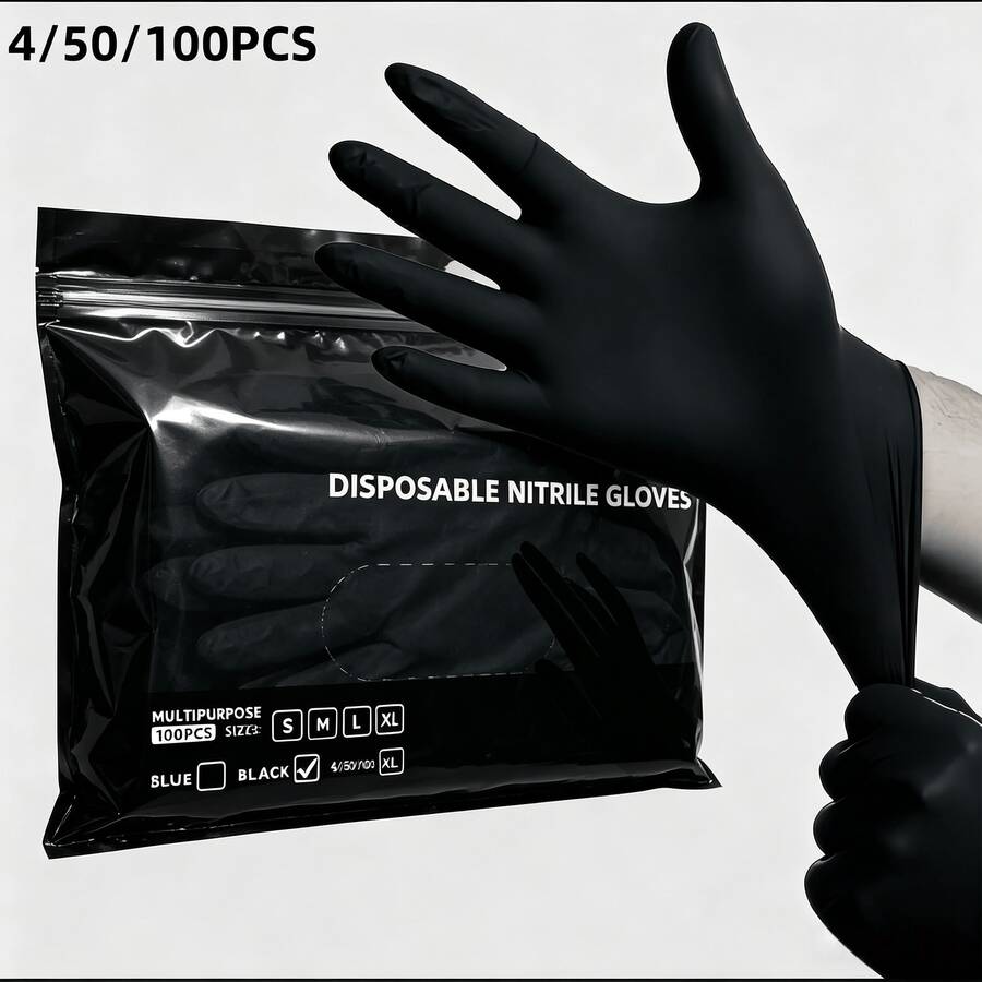 4/50/100pcs Heavy Duty Black Nitrile Gloves, Powder-Free Latex-Free Disposable Work Gloves, Puncture Resistant Protective Gloves, Suitable For Auto Repair, Industrial Manufacturing And Cleaning