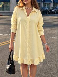 Plus Size Korean Style Fashion Single Breasted Long Sleeve Dress - Yellow - View 2