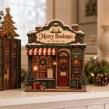 Printed Wooden Christmas Bookstore Desktop Decoration, Realistic 3D Holiday Storefront Sign, Holiday Coffee Shop Scene Ornament, Rustic Christmas Home Decor, Bookshelf Fireplace Countertop Decoration, Holiday Gift For Friends And Family, No Lights Included - Christmas Bookstore - View 5