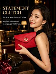 Armani Premium Red Envelope Clutch Bag For Women, Luxury Gold Round Emblem Makeup Storage Bag, PU Leather Handbag, Women's Toiletry Bag, Versatile Clutch For Commute, Date And Party - Red Envelope Bag - View 2