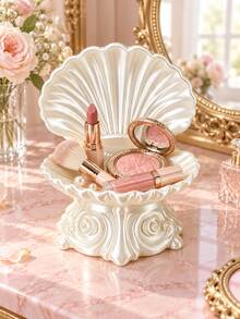 1pc Pearl White Shell Floral Embossed Storage Tray, Fashionable Cosmetic & Jewelry Organizer Box, Suitable For Vanity, Bedroom, Dressing Table And Home Decor, Wedding, Bridesmaid Gift, Room Decoration, Jewelry Storage, Home Decor, Bathroom Decor, Jewelry Rack - Multicolor - View 1