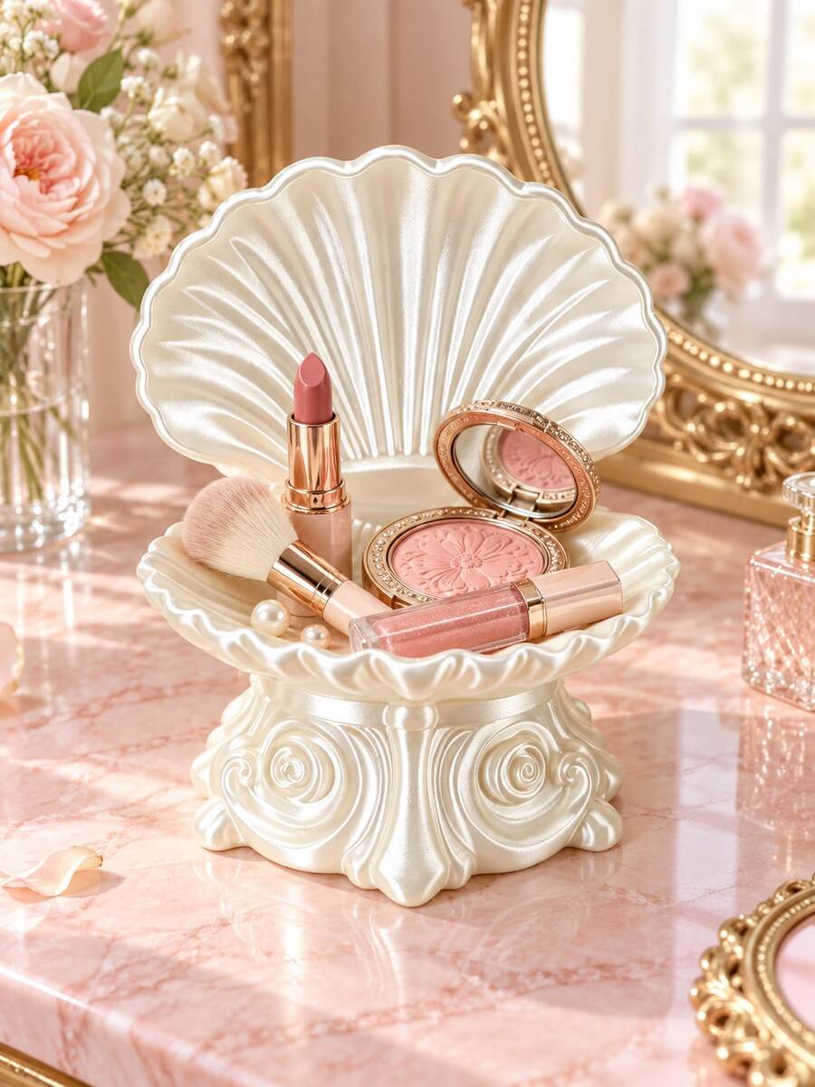 1pc Pearl White Shell Floral Embossed Storage Tray, Fashionable Cosmetic & Jewelry Organizer Box, Suitable For Vanity, Bedroom, Dressing Table And Home Decor, Wedding, Bridesmaid Gift, Room Decoration, Jewelry Storage, Home Decor, Bathroom Decor, Jewelry Rack - Multicolor - View 1