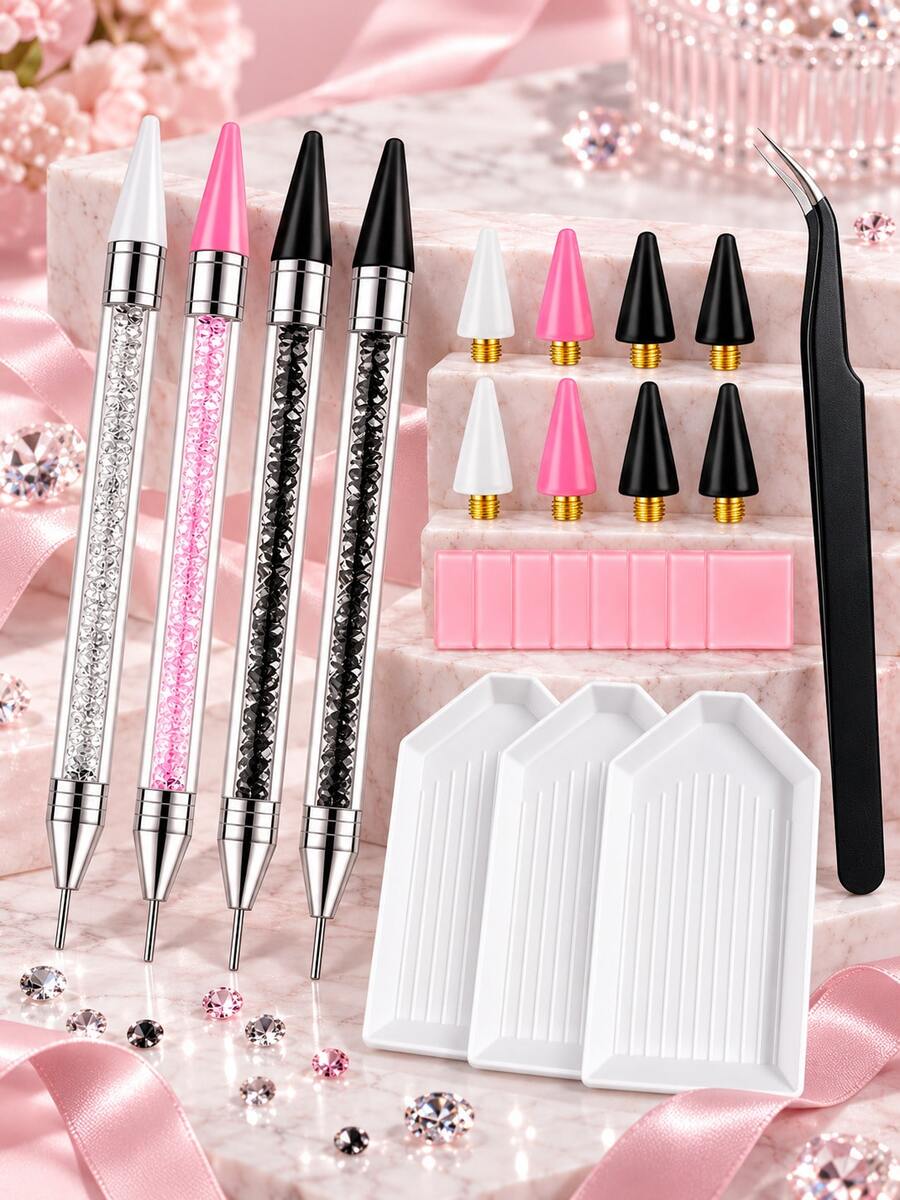 4pcs Double-Ended Rhinestone Picker Wax Pencil Set - Crystal Diamond Painting Tool Kit, Includes 8 Replaceable Wax Pencil Tips, 3 Trays, Clay And Tweezers, Suitable For Nail Art Gems, Rhinestone Painting, Decoden Art And DIY Crafts - C - View 1