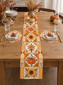 1 Set Autumn Harvest Pumpkin Sunflower Wheat Table Runner & Placemat Set, Orange Plaid Patchwork Farmhouse Dining Table Decor, Rustic Fall Thanksgiving Kitchen Decoration, Harvest Party Home Dining Room Seasonal Tabletop Decor - Multicolor - View 4