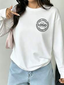 Personalized Custom Women's T-Shirt Long Sleeve - Christmas, Halloween, Thanksgiving Custom Gift, Women's Blouse. Can Add Text, Logo And Photo For Personalized Printing, Add Your Own Text/Image (Badge Pattern/Company Logo/Family Photo/Selfie) - White - View 2
