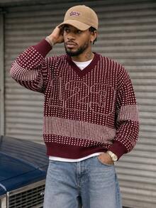 BLACKTOEXIT Men's V-Neck Loose Drop Shoulder American Vintage Street Digital Jacquard Plaid Pullover Knit Sweater, Autumn/Winter - Red - View 7