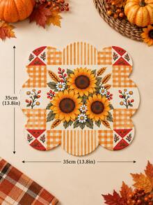 1 Set Autumn Harvest Pumpkin Sunflower Wheat Table Runner & Placemat Set, Orange Plaid Patchwork Farmhouse Dining Table Decor, Rustic Fall Thanksgiving Kitchen Decoration, Harvest Party Home Dining Room Seasonal Tabletop Decor - Multicolor - View 14