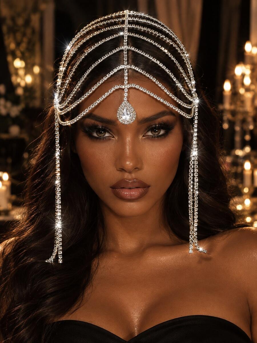 Bohemian Fashion Multi-Layer Long Tassel Rhinestone Head Chain, Sparkling Jewelry Accessory For Women's Banquet And Party - Silver - View 1