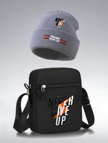 1pc/2pcs Inspirational Slogans Pattern Print Unisex Street Fashion Outdoor Sports Knit Beanie And Crossbody Bag, Gift For Yourself Or Friends - Multicolor - View 13