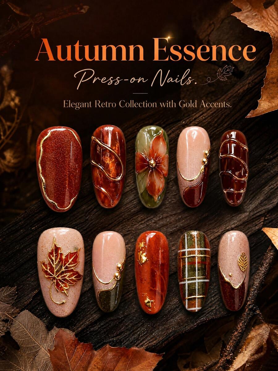 NAIO 10pcs Autumn Marble Maple Leaf Plaid Gold Line Floral Bead Glossy Press-On Nails, High-End Full Coverage, Vintage Autumn Elegant Style, Almond Shape, Suitable For Women And Girls Daily Wear, Dating, Outings, Autumn Parties - Multicolor - View 1