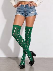1 Pair Of Green Santa Claus Over-The-Knee Socks-Featuring A Classic Style And Look, Perfect For Wearing During Christmas Or Giving As A Gift. - Green - View 2