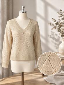 Women's Plus Size Knit Sweater V-Neck Long Sleeve Pullover With Drop Shoulder And Rib-Knit Details, Perfect For Fall & Winter Wear - Apricot - View 8
