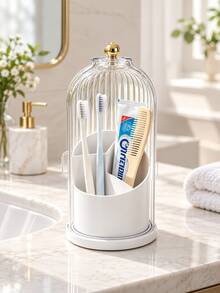 1pc Dustproof Toothbrush Holder With Ribbed Cover, Multi-Compartment Bathroom Countertop Organizer For Toothbrushes, Toothpaste & Daily Essentials, White/Green - Multicolor - View 1