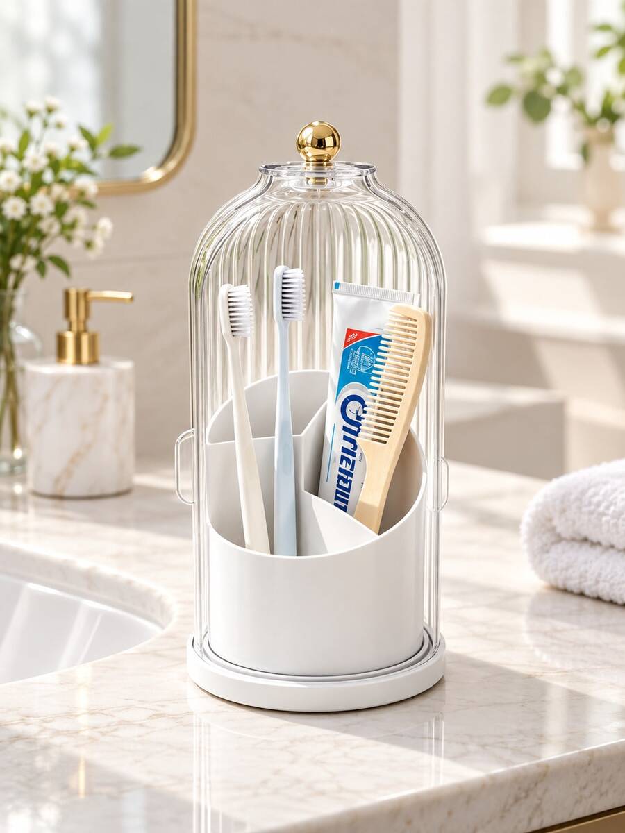 1pc Dustproof Toothbrush Holder With Ribbed Cover, Multi-Compartment Bathroom Countertop Organizer For Toothbrushes, Toothpaste & Daily Essentials, White/Green - Multicolor - View 1