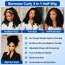 Burmese Curly Half Wig Human Hair With Spiral Curls Wear And Go Glueless Curly Wig 3-In-1 Seamless Flip-Over Drawstring Wig 200% Density No Headband Wig For Women Beginner Friendly Half Wig Human Hair Half Wigs Gift Headband Wig V Part Wig - Natural Black - View 5