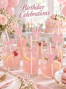 20pcs Pink Bow Decorated Straws, Glitter Bow Straw Toppers, Suitable For Birthday Celebration, Bridal Shower, Dessert Table, Cocktail Drink Decoration, Sweet Theme Party Tableware (Random Assortment) - Multicolor - View 1