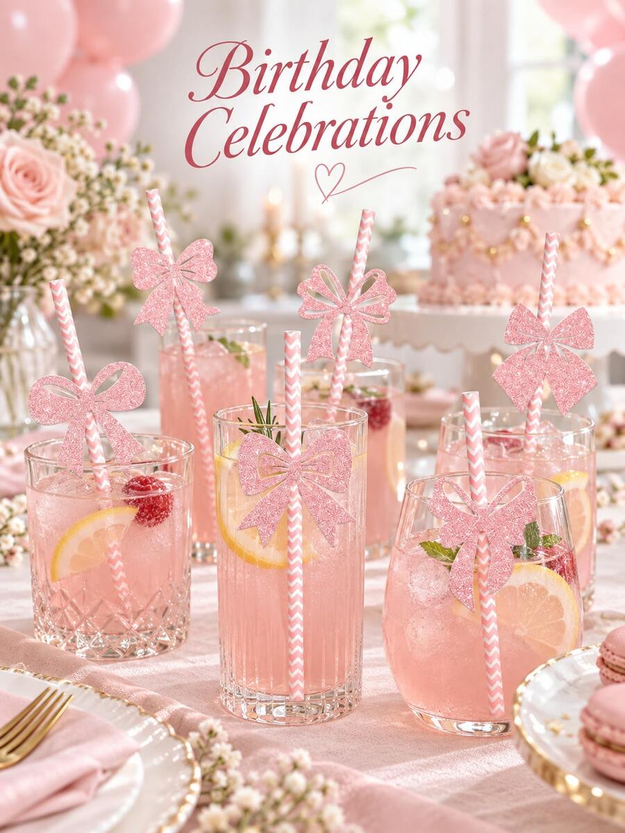 20pcs Pink Bow Decorated Straws, Glitter Bow Straw Toppers, Suitable For Birthday Celebration, Bridal Shower, Dessert Table, Cocktail Drink Decoration, Sweet Theme Party Tableware (Random Assortment) - Multicolor - View 1