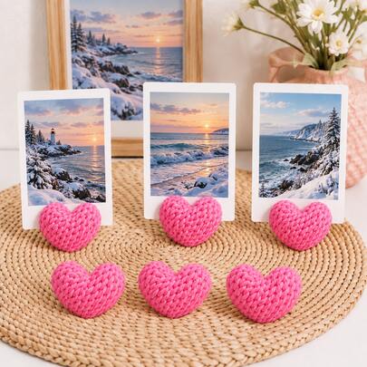 3pcs Cherry Blossom Pink Knitted Heart Texture Photo Holder, Mini Heart Photo Display Stand, Cute Desktop Photo Frame, Small Decorative Photo Support, Suitable For Desk, Wedding And Valentine's Day Decoration, Can Be Used To Display Photos, Notes And Postcards, Bedroom Living Room Decoration, Desktop Ornament, And Warm Little Gift