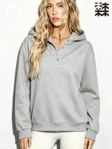mulinsen Women's Solid Color Fleece Lined Half-Zip Hooded Sweatshirt, Loose Long Sleeve Sports Sweatshirt, Suitable For Daily Outdoor Wear - Grey - View 5