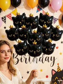 10pcs Mini Cartoon Crown Cat Foil Balloons, Suitable For Birthday Party, Wedding, Bachelor Party Decoration, Children's Birthday Decoration Balloons - View 1