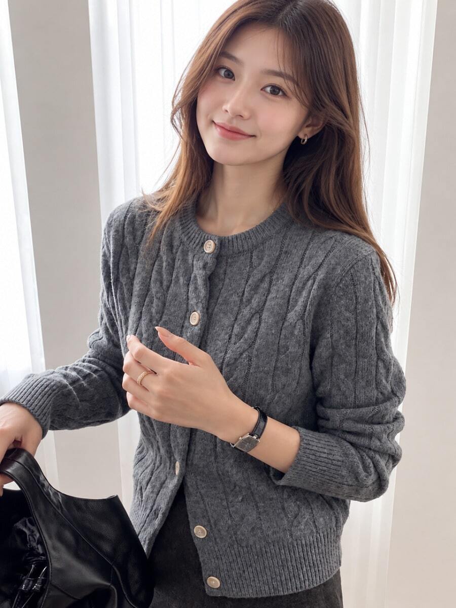 Women's Autumn/Winter Casual Minimalist Cable Knit Cardigan Sweater Jacket - Grey - View 1