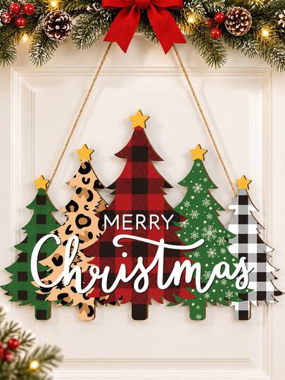 Christmas Tree Door Wreath, Merry Christmas Black & White Buffalo Plaid Welcome Hanging Decor, Suitable For Front Door Sign, Home Wall Decoration, Christmas Party, New Year Decoration, Fireplace Decor, Holiday Home Decor, Outdoor And Indoor Decoration Supplies