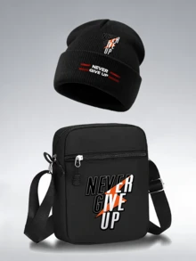 1pc/2pcs Inspirational Slogans Pattern Print Unisex Street Fashion Outdoor Sports Knit Beanie And Crossbody Bag, Gift For Yourself Or Friends - Multicolor - View 17