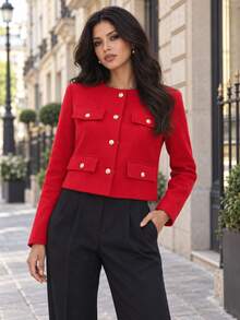 TRAFZA Women's Elegant Casual Tweed Jacket, Spring Round Neck Decorative Long Sleeve Solid Color Coat - Red - View 10