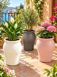 1pc Tall Ribbed Ceramic Texture Plastic Planter, Modern Nordic Style Flower Pot With Horizontal Texture, Large Indoor Floor Plant Pot Suitable For Monstera Deliciosa, Orchid, Ficus Lyrata, Home Living Room Decor, Cream/Grey/Pink - Multicolor - View 1