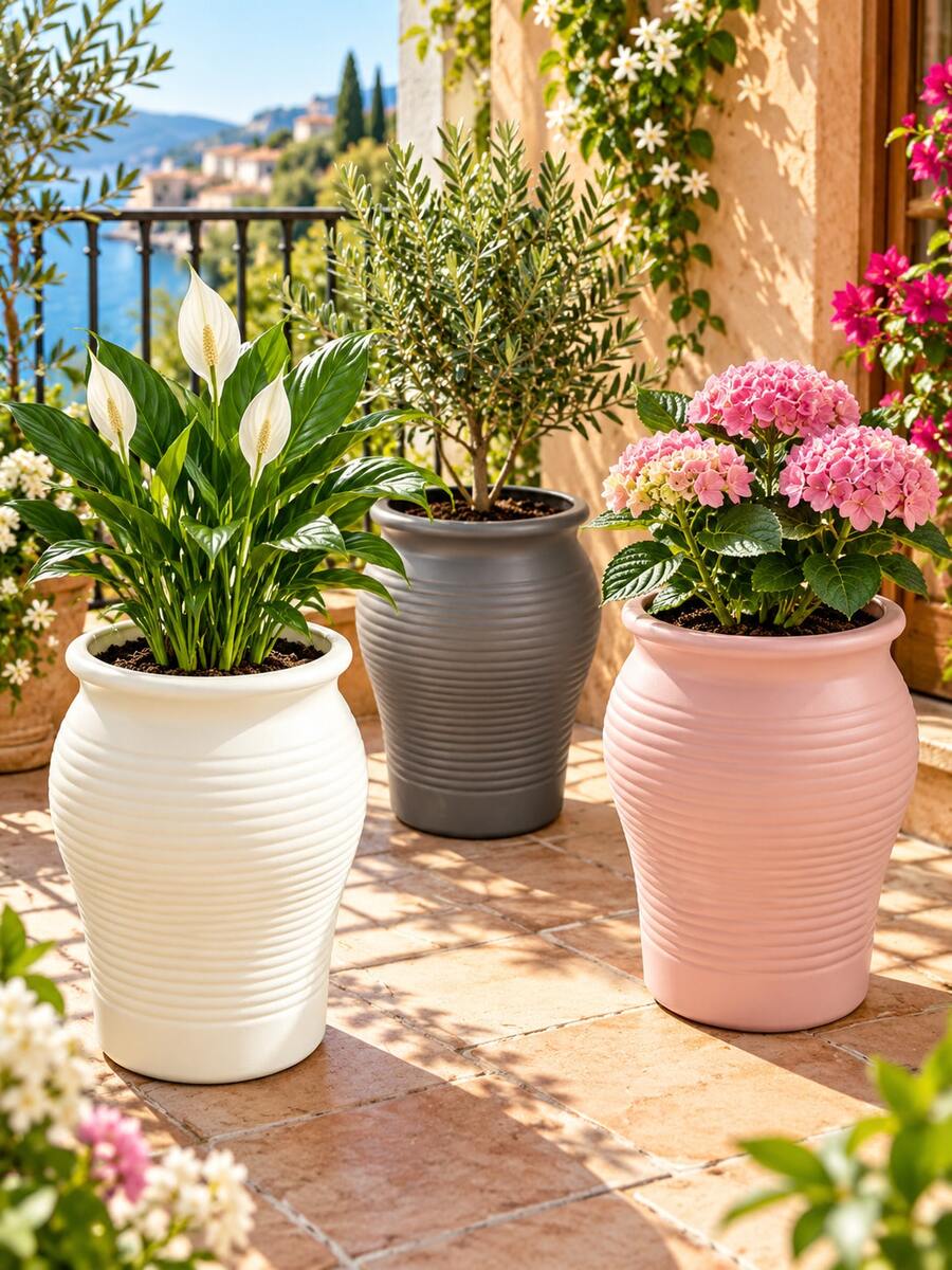 1pc Tall Ribbed Ceramic Texture Plastic Planter, Modern Nordic Style Flower Pot With Horizontal Texture, Large Indoor Floor Plant Pot Suitable For Monstera Deliciosa, Orchid, Ficus Lyrata, Home Living Room Decor, Cream/Grey/Pink - Multicolor - View 1