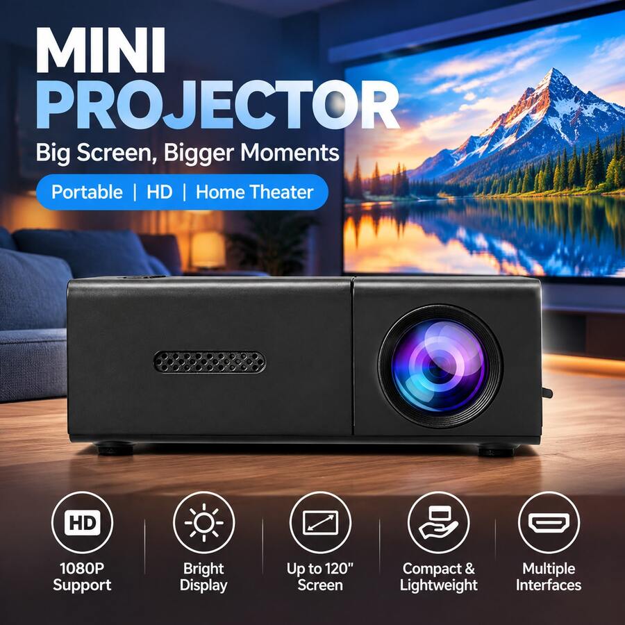 Máy chiếu LED mini cầm tay YG300 mới cho gia đình, hỗ trợ xoay 180° và chỉnh méo hình, tích hợp loa; tương thích với USB, điện thoại, máy tính, TV, hỗ trợ phản chiếu màn hình có dây, nhỏ gọn dễ mang theo - Phiên bản cao cấp màu đen - Xem 1