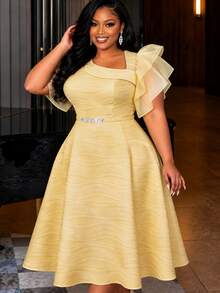 Plus Size A Line Pleated Textured Dress Asymmetrical Neck Short Puff Sleeves Water Ripple Patchwork Organza Elegant Party Evening Wedding Guest Gowns - Yellow - View 2