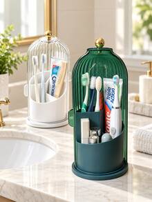 1pc Dustproof Toothbrush Holder With Ribbed Cover, Multi-Compartment Bathroom Countertop Organizer For Toothbrushes, Toothpaste & Daily Essentials, White/Green - Multicolor - View 5