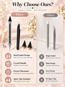 Black Rhinestone Picking Wax Pencil For Nail Art Creation - Dual-Tip Diamond Painting Dotting Tool With 2 Spare Wax Tips And Curved Tweezers, Designed For Flat Back Gemstone Inlay, 5D Diamond Painting And DIY Crafts - C - View 6