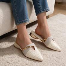 Women Pointed Toe Embossed Backless Mules, Beige Slip On Slide Sandals, Linen Strap Gold Decor Low Block Heel Elegant Summer Shoes - Apricot - View 4