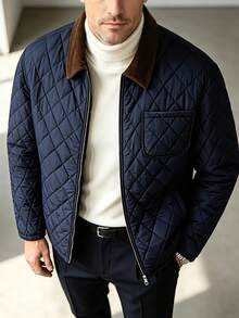 Men's Diamond Quilted Lapel Padded Padded Coat, Commuter Multi-Pocket Zipper Lightweight Padded Padded Coat - Blue - View 1