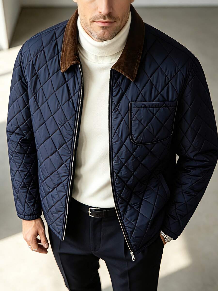 Men's Diamond Quilted Lapel Padded Padded Coat, Commuter Multi-Pocket Zipper Lightweight Padded Padded Coat - Blue - View 1