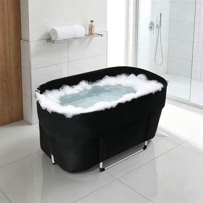 Yoencyme Bañera portátil negra, bañera plegable, contenedor de baño aislado, tina de baño montada en el suelo para hogar, RV, viajes, camping y entrenamiento (45.3*22.4*21.7in)