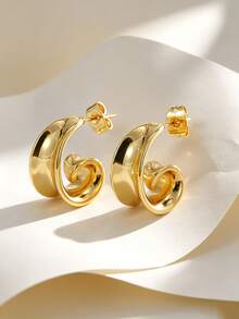 Women's 18K Gold Plated Copper Swirl Earrings, Smooth Glossy Spiral Studs, Statement Accessory For Dating & Office - Gold - View 6