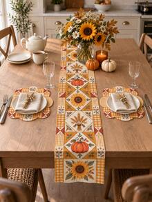 1 Set Autumn Harvest Pumpkin Sunflower Wheat Table Runner & Placemat Set, Orange Plaid Patchwork Farmhouse Dining Table Decor, Rustic Fall Thanksgiving Kitchen Decoration, Harvest Party Home Dining Room Seasonal Tabletop Decor - Multicolor - View 3