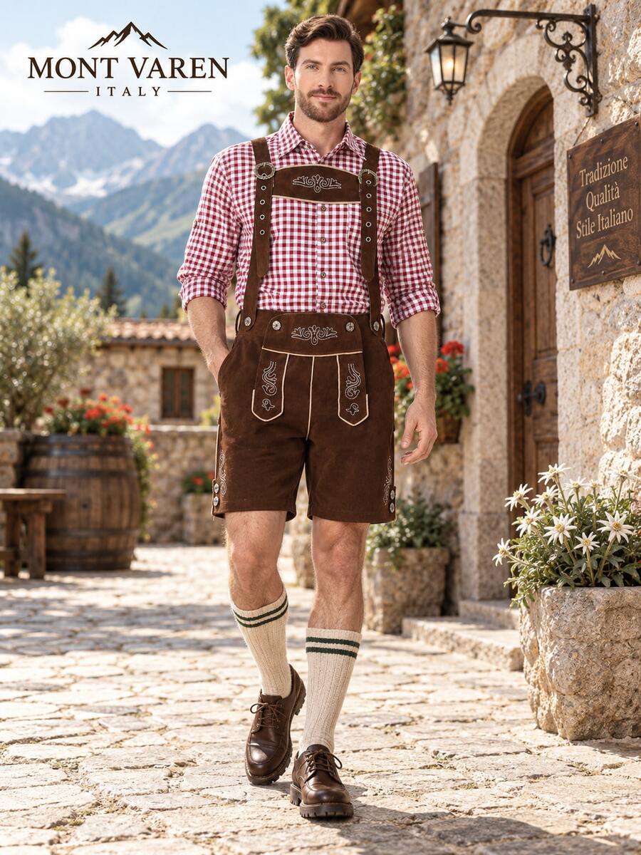 Red Gingham Cotton Shirt Oktoberfest Style - Burgundy Plaid - View 1